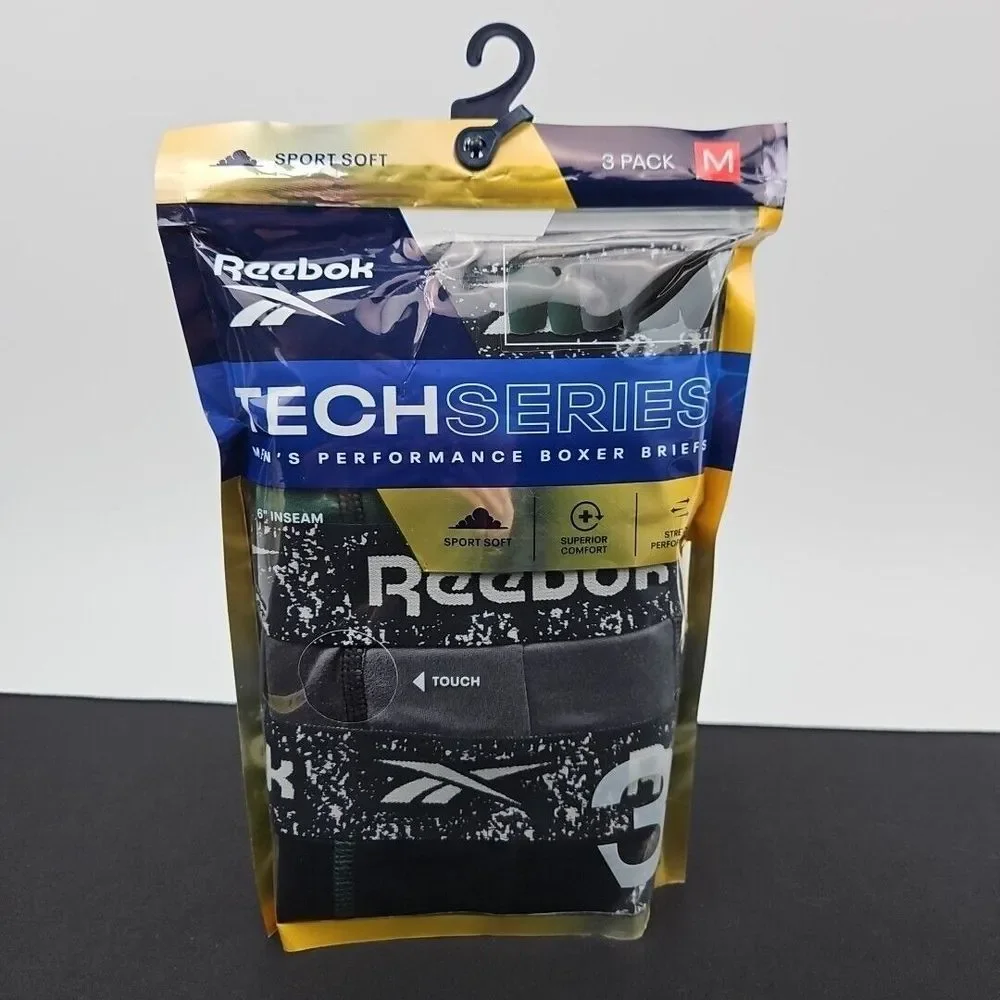 Reebok Tech Series Performance Boxer Briefs Long Leg 3 Pack Men's‎ Size Med New